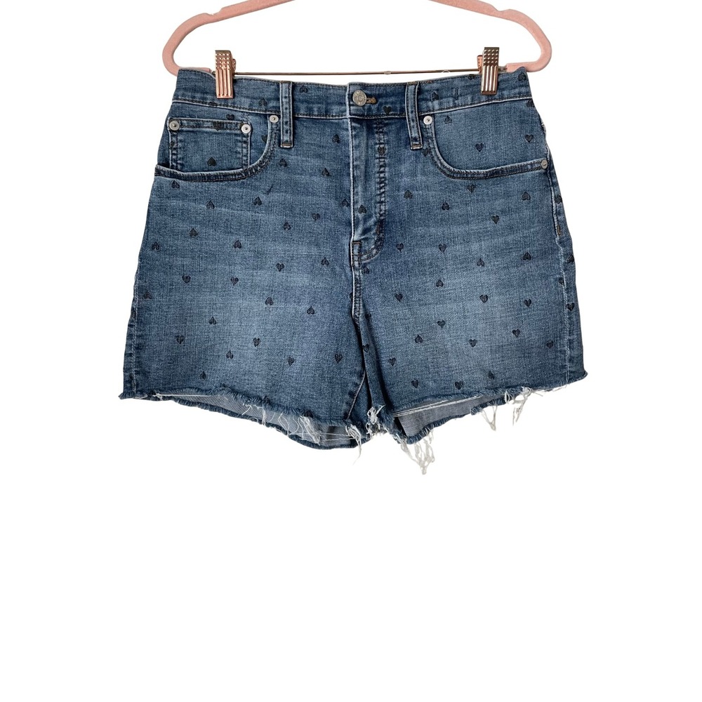 Madewell Shorts Womens Size 28 Blue Heart Print High Rise Denim Raw Hem Cotton